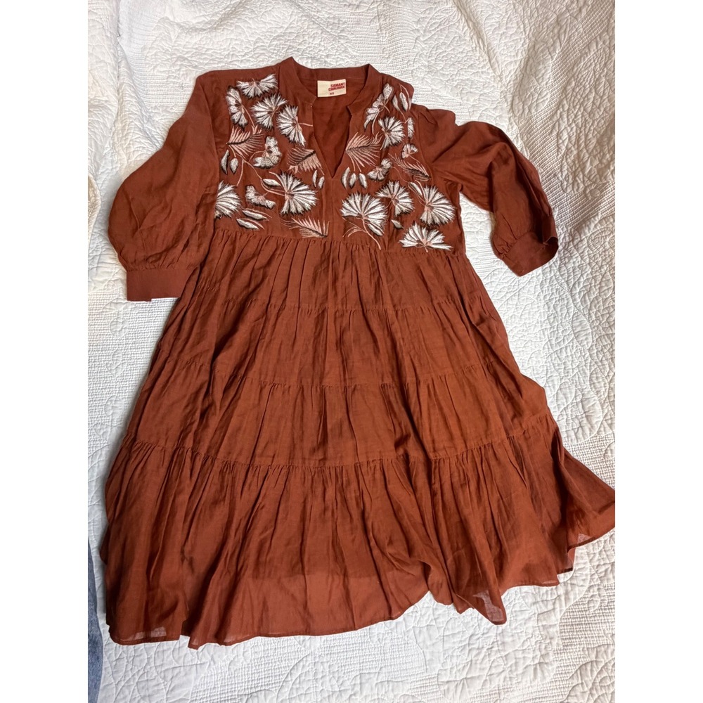 Samant Chauhan Rust Orange Embroidered Tiered Mini Dress XS Boho Floral Split V